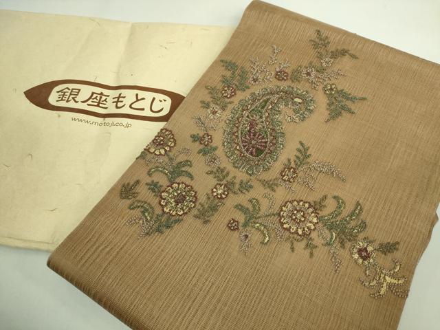 平和屋本店■極上 銀座もとじ 相良刺繍 総刺繍 九寸名古屋帯 スリーシーズン帯 ペイズリー花文 朽葉色地 たとう紙付き 逸品 DZAA7155kh5
