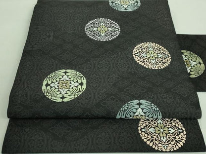 平和屋着物■極上　九寸名古屋帯　唐織　正倉院花丸文　黒地　金糸　逸品　DZAA7218kh5