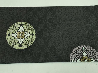 平和屋着物■極上　九寸名古屋帯　唐織　正倉院花丸文　黒地　金糸　逸品　DZAA7218kh5