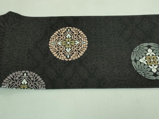 平和屋着物■極上　九寸名古屋帯　唐織　正倉院花丸文　黒地　金糸　逸品　DZAA7218kh5