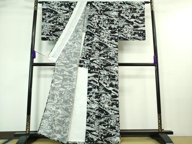 平和屋着物＊極上 夏物 小紋 絽 型染 風景舞鳥花文 濃藍色地 逸品 未使用 DZAA7251kh5