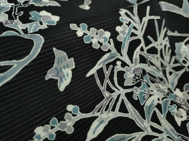 平和屋着物＊極上 夏物 小紋 絽 型染 風景舞鳥花文 濃藍色地 逸品 未使用 DZAA7251kh5