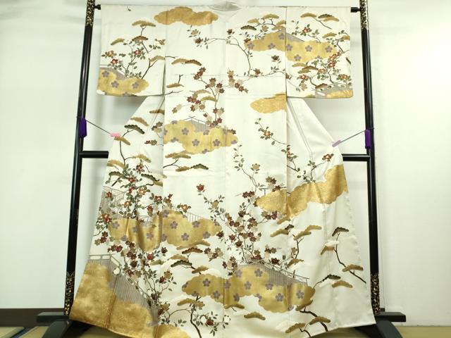 平和屋本店■極上　訪問着　駒刺繍　千八織　雲取り橘椿文　灰黄緑色地　本金箔　逸品　DZAA7264kh5
