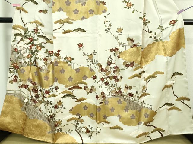 平和屋本店■極上　訪問着　駒刺繍　千八織　雲取り橘椿文　灰黄緑色地　本金箔　逸品　DZAA7264kh5