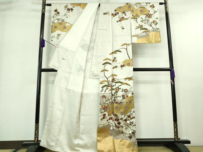 平和屋本店■極上　訪問着　駒刺繍　千八織　雲取り橘椿文　灰黄緑色地　本金箔　逸品　DZAA7264kh5