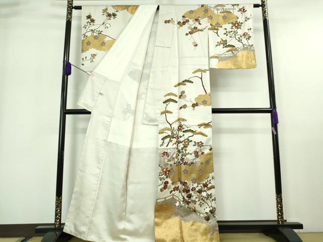 平和屋本店■極上　訪問着　駒刺繍　千八織　雲取り橘椿文　灰黄緑色地　本金箔　逸品　DZAA7264kh5