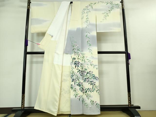 平和屋本店■極上　十日町　加賀草木友禅の第一人者　田村哲彦　訪問着　枝垂れ草花文　鳥の子色地　暈し染め　逸品　DZAA7274kh5
