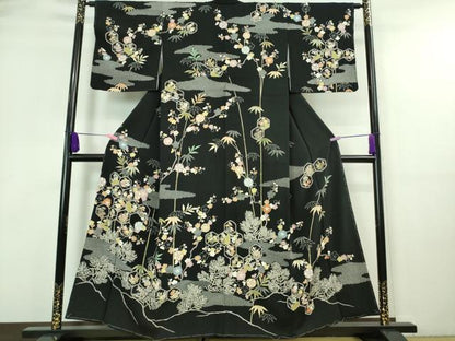平和屋着物■極上　訪問着　友禅　駒刺繍　宝尽くし　松竹梅　黒地　金彩　逸品　未使用　DZAA7304kh5