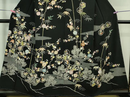 平和屋着物■極上　訪問着　友禅　駒刺繍　宝尽くし　松竹梅　黒地　金彩　逸品　未使用　DZAA7304kh5