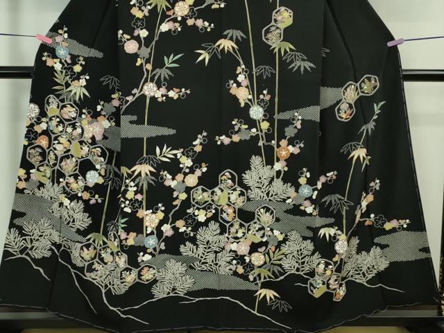 平和屋着物■極上　訪問着　友禅　駒刺繍　宝尽くし　松竹梅　黒地　金彩　逸品　未使用　DZAA7304kh5