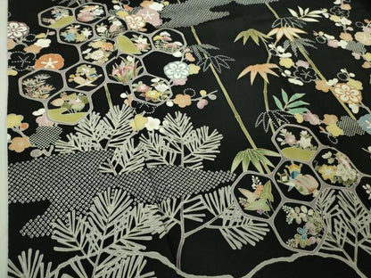 平和屋着物■極上　訪問着　友禅　駒刺繍　宝尽くし　松竹梅　黒地　金彩　逸品　未使用　DZAA7304kh5