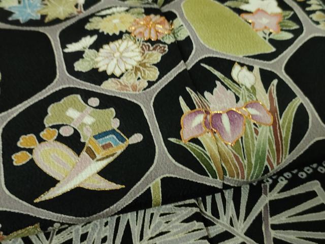 平和屋着物■極上　訪問着　友禅　駒刺繍　宝尽くし　松竹梅　黒地　金彩　逸品　未使用　DZAA7304kh5