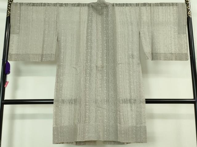平和屋着物▽極上 道中着 オーガンジー スリーシーズン 春夏秋 塵除け ロング丈 花唐草地紋 灰白色 染の近江謹製 逸品 DZAA7309kh5
