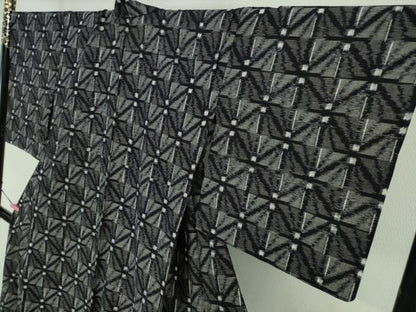 平和屋着物■極上　久留米絣　単衣　綿　麻の葉　格子　紺色地　逸品　DZAA7355kh5
