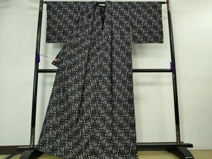 平和屋着物■極上　久留米絣　単衣　綿　麻の葉　格子　紺色地　逸品　DZAA7355kh5