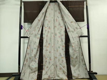 平和屋本店■極上　訪問着　お召地　紗袷　ピエロ　サーカス　黒鳶色地　さが美扱い　逸品　DZAA7357kh5