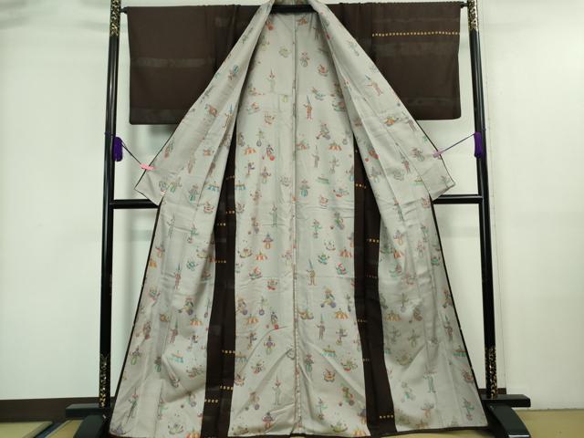 平和屋本店■極上　訪問着　お召地　紗袷　ピエロ　サーカス　黒鳶色地　さが美扱い　逸品　DZAA7357kh5