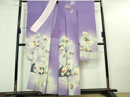 平和屋着物■極上　アンティーク　大正ロマン　振袖　単衣　刺繍　渡橋花文　暈し染め　銀糸　逸品　DZAA7375kh5