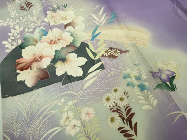 平和屋着物■極上　アンティーク　大正ロマン　振袖　単衣　刺繍　渡橋花文　暈し染め　銀糸　逸品　DZAA7375kh5