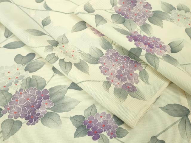 平和屋着物■極上　夏物　小紋　絽　紫陽花　あじさい　象牙色地　逸品　DZAA7388kh5
