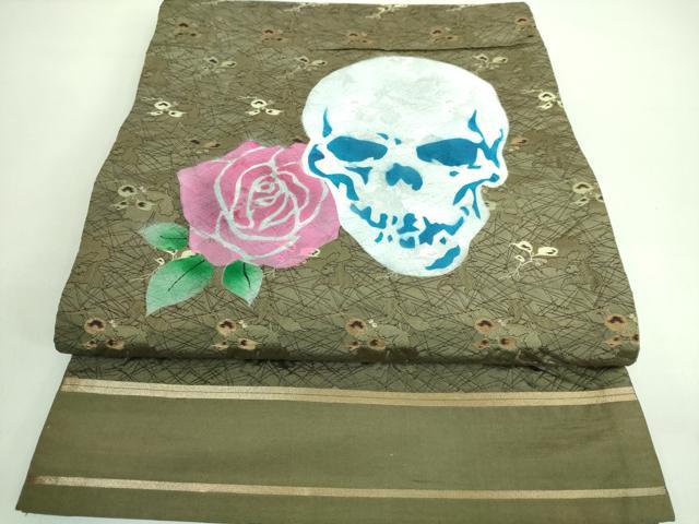 平和屋着物●極上 セミアンティーク 丸帯 骸骨 ガイコツ 薔薇 金糸 逸品 DZAA7422kh5