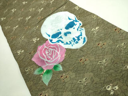平和屋着物●極上 セミアンティーク 丸帯 骸骨 ガイコツ 薔薇 金糸 逸品 DZAA7422kh5