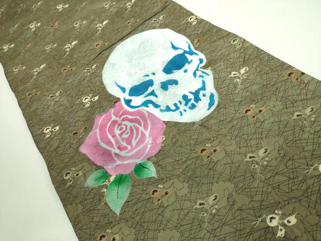 平和屋着物●極上 セミアンティーク 丸帯 骸骨 ガイコツ 薔薇 金糸 逸品 DZAA7422kh5