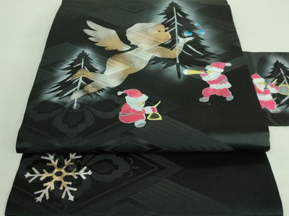 平和屋着物■極上　九寸名古屋帯　サンタクロース　クリスマス　天使　黒地　金銀彩　逸品　DZAA7424kh5