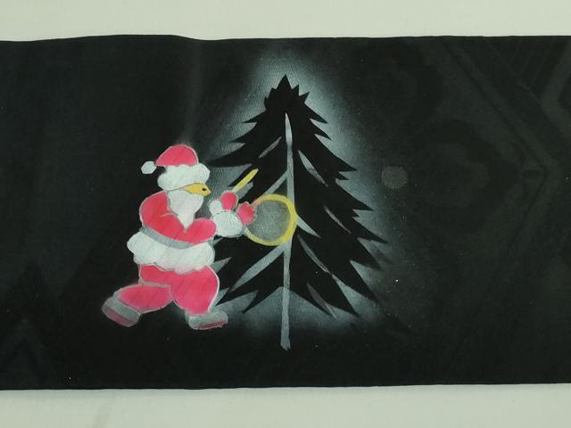 平和屋着物■極上　九寸名古屋帯　サンタクロース　クリスマス　天使　黒地　金銀彩　逸品　DZAA7424kh5