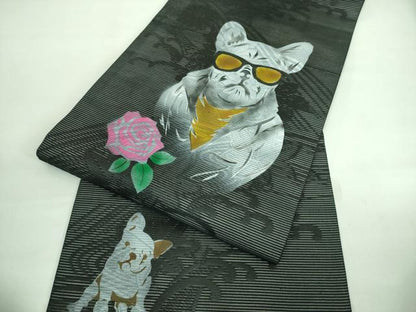 平和屋着物■極上　夏物　九寸名古屋帯　犬柄　フレンチブルドッグ　薔薇　バラ　黒地　逸品　未使用　DZAA7426kh5