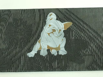 平和屋着物■極上　夏物　九寸名古屋帯　犬柄　フレンチブルドッグ　薔薇　バラ　黒地　逸品　未使用　DZAA7426kh5