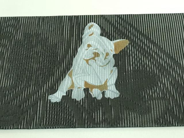 平和屋着物■極上　夏物　九寸名古屋帯　犬柄　フレンチブルドッグ　薔薇　バラ　黒地　逸品　未使用　DZAA7426kh5