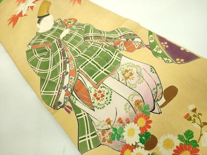 平和屋本店●希少　アンティーク　大正ロマン　だらり帯　芸姑　舞妓　人物花文　手描き　金彩　玉蜀黍色地　逸品　DZAA7444kh5