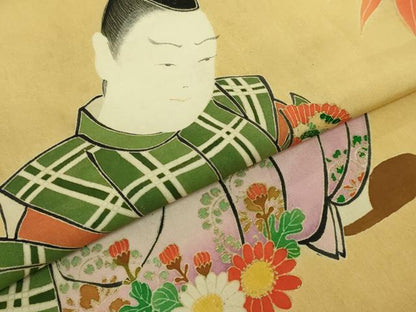 平和屋本店●希少　アンティーク　大正ロマン　だらり帯　芸姑　舞妓　人物花文　手描き　金彩　玉蜀黍色地　逸品　DZAA7444kh5