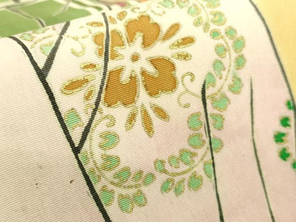 平和屋本店●希少　アンティーク　大正ロマン　だらり帯　芸姑　舞妓　人物花文　手描き　金彩　玉蜀黍色地　逸品　DZAA7444kh5