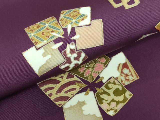 平和屋着物●極上 塩瀬 九寸開き名古屋帯 駒刺繍 色紙花文 金彩 桑の実色地 逸品 DZAA7509kh5
