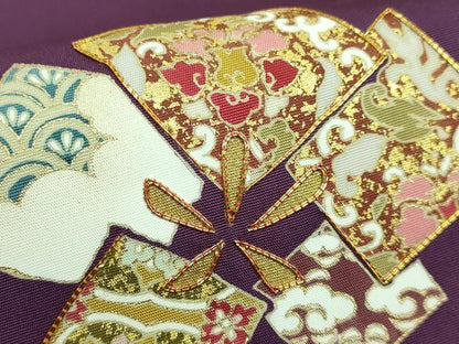 平和屋着物●極上 塩瀬 九寸開き名古屋帯 駒刺繍 色紙花文 金彩 桑の実色地 逸品 DZAA7509kh5