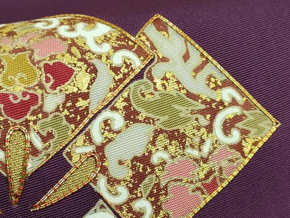 平和屋着物●極上 塩瀬 九寸開き名古屋帯 駒刺繍 色紙花文 金彩 桑の実色地 逸品 DZAA7509kh5