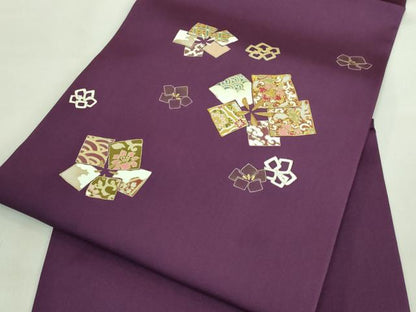 平和屋着物●極上 塩瀬 九寸開き名古屋帯 駒刺繍 色紙花文 金彩 桑の実色地 逸品 DZAA7509kh5