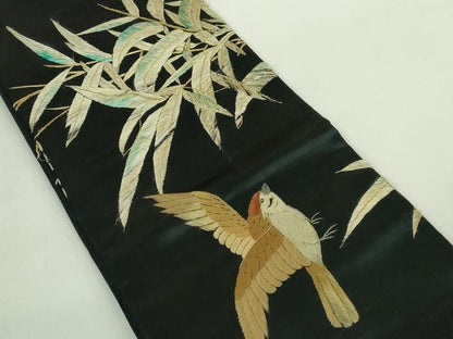 平和屋着物■極上　アンティーク　大正ロマン　半幅帯　総手刺繍　雀　すずめ　黒地　金糸　逸品　DZAA7514kh5