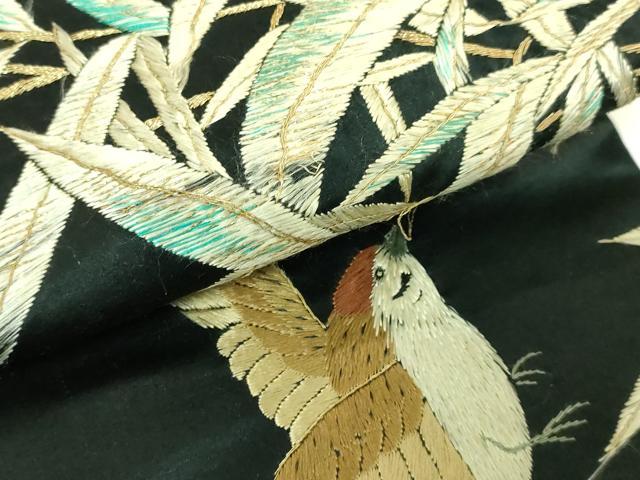 平和屋着物■極上　アンティーク　大正ロマン　半幅帯　総手刺繍　雀　すずめ　黒地　金糸　逸品　DZAA7514kh5