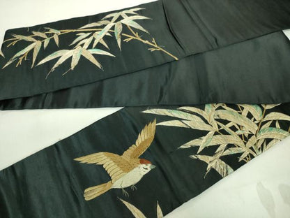 平和屋着物■極上　アンティーク　大正ロマン　半幅帯　総手刺繍　雀　すずめ　黒地　金糸　逸品　DZAA7514kh5