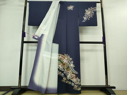 平和屋着物●極上 越後十日町の一流染匠 桐屋・翠山工房 訪問着 辻が花 紺藍色地 暈し染め 金彩 やまと誂製 逸品 DZAA7533kh5