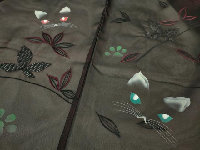 平和屋着物▽極上 羽織 スリーシーズン 春夏秋 塵除け 刺繍 ネコ 猫 舞葉紋紗 逸品 未使用 DZAA7552kh5