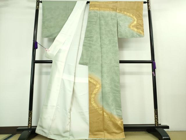 平和屋着物■極上　皇室献上作家　北出与三郎　訪問着　松葉地紋　暈し染め　金彩　山葵色地　反端付き　逸品　未使用　DZAA7554kh5