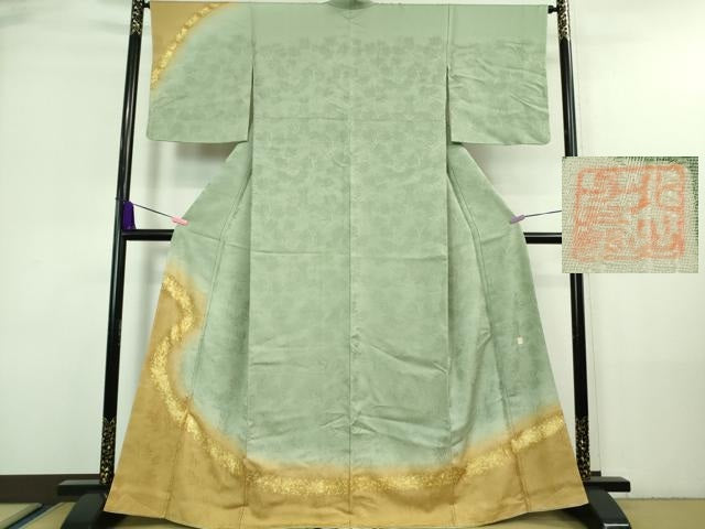 平和屋着物■極上　皇室献上作家　北出与三郎　訪問着　松葉地紋　暈し染め　金彩　山葵色地　反端付き　逸品　未使用　DZAA7554kh5
