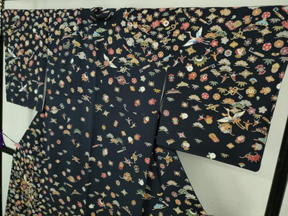 平和屋本店■極上　訪問着　駒刺繍　宝尽くし飛鶴文　紺地　逸品　未使用　DZAA7556kh5
