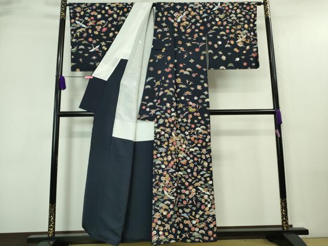 平和屋本店■極上　訪問着　駒刺繍　宝尽くし飛鶴文　紺地　逸品　未使用　DZAA7556kh5
