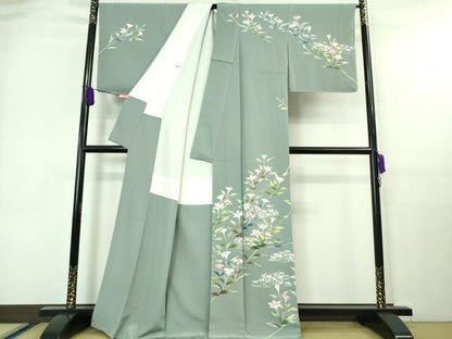 平和屋本店■極上　本加賀友禅作家　田丸幸子　訪問着　枝花文　湊鼠色地　逸品　未使用　DZAA7561kh5