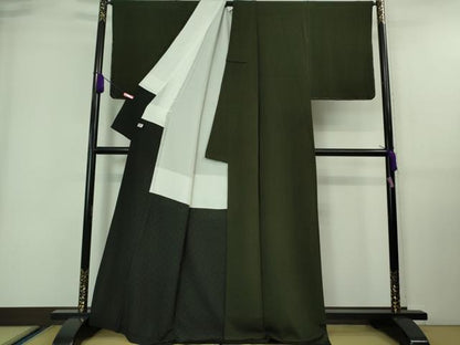 平和屋本店■極上 重要無形文化財人間国宝中村勇二郎 江戸小紋 さや極文二枚型 黒緑色×仙斎茶色 鬼しぼ縮緬 証紙付 逸品未使用DZAA7564kh5